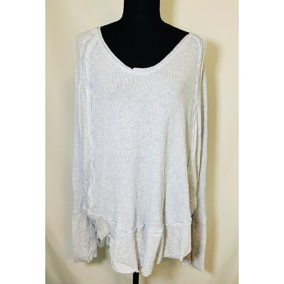 We‎ The Free Baby Blue Waffle Knit V-Neck Lightweight Thermal Top Women's LARGE - Picture 1 of 11